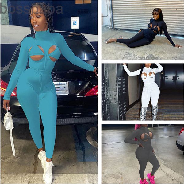 

2021 new women jumpsuit designer spring hollow out strapping solid color sports slim rompers fashion casual clothing 815, Black;white