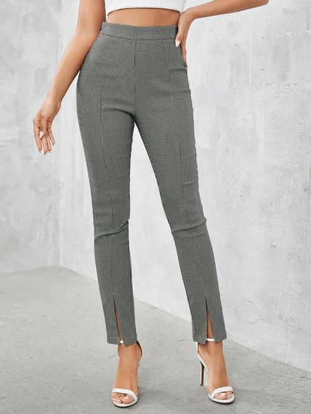 

houndstooth print split hem pants m9gf#, Black;white