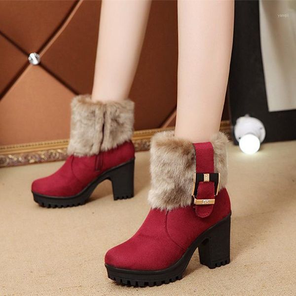 

boots women winter short warm fur ladies pu leather shoes ankle high heels zippers female square platform elegant1, Black