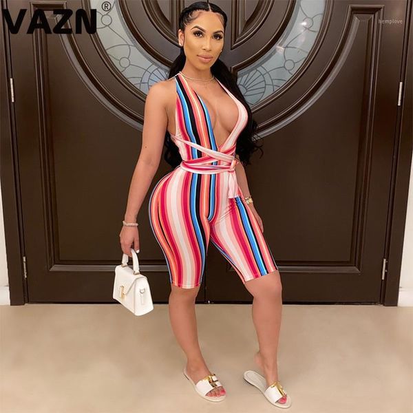 

vazn new autumn 2020 women playsuits age reduction street wind sleeveless striped print hip rompers1, Black;white