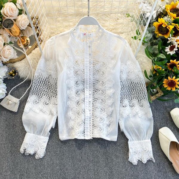 

deat 2020 spring long lantern sleeve lace hollow out stand collar shirt women mh766 drop shipping, White