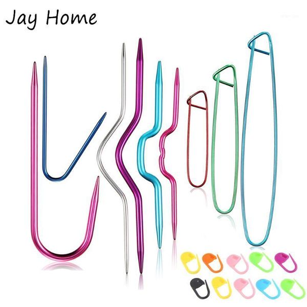 

9pcs knitting needles cable stitch holder aluminum safety pins brooch weaving yarn needles & 10pcs stitch markers sewing tools1, Black