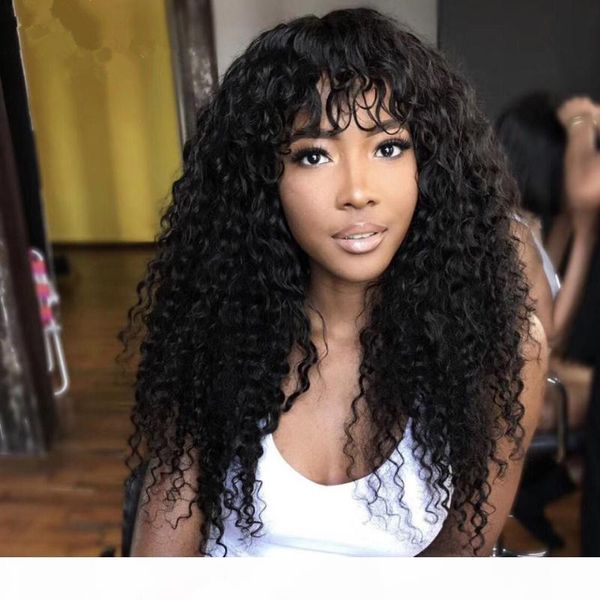 

curly silk wig brazilian human hair wigs with bangs pre plucked hairline 5*5 lace front fringe hair wigs 10-26inch, Black;brown