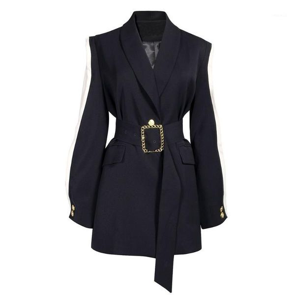 

women fashion blazer appliques belt button pocket notched lapel color block slim coat office lady trench autumn slim tailored1, White;black
