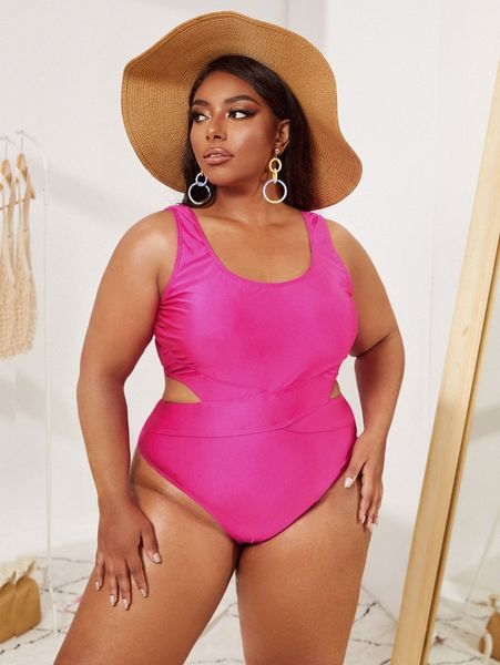 

plus solid cut-out one piece swimsuit j7to#, Black