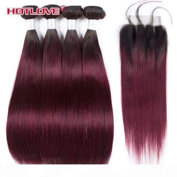 

two tone color 1b 99j dark roots ombre brazilian hair straight 4 bundles with closure wine red ombre human hair extensions 5pcs lot, Black;brown