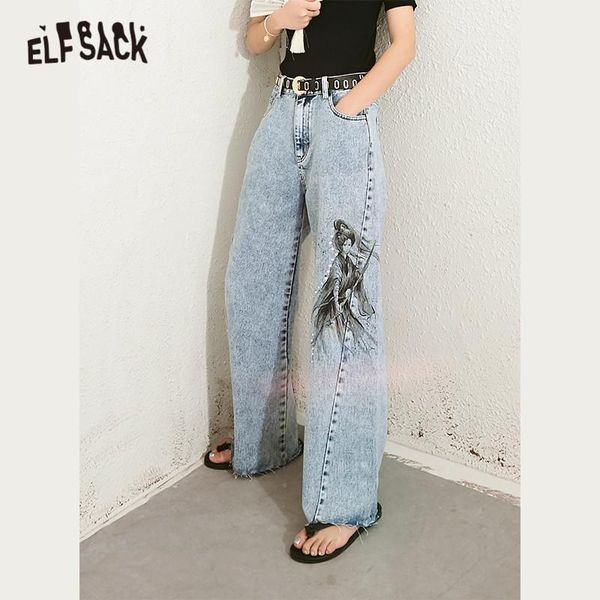

elfsack blue solid oriental beauty print casual washed women denim jeans 2020 summer elf korean ladies daily wide leg trousers1