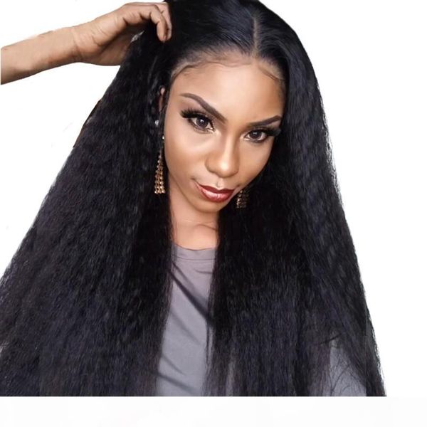 

brazilian virgin human hair lace front wigs kinky straight glueless full lace wig pre plucked 130% density 1b color, Black;brown