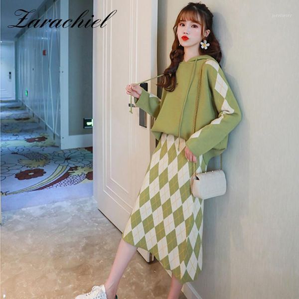 

women autumn winter geometry knitted hoodies long sleeve sweater sweatshirts a-line skirt set female casual midi two-pieces sets1, Gray