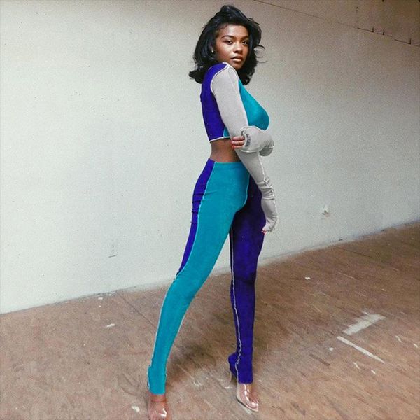 

women striped patchwork o neck tracksuit full sleeve crop sporty matching set bodycon elastic skinny streetwear outfit, Gray