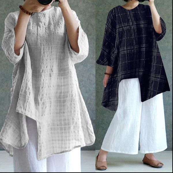 

women retro linen blouse asymmetrical 2021 summer long sleeve plaid shirt casual loose blusas feminina plus size 5xl, White
