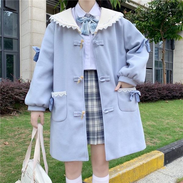 

japanese winter lolita woolen jacket kawaii women coats sweet k sailor collar thick warm jacket cute soft girls padded outerwear1, Black