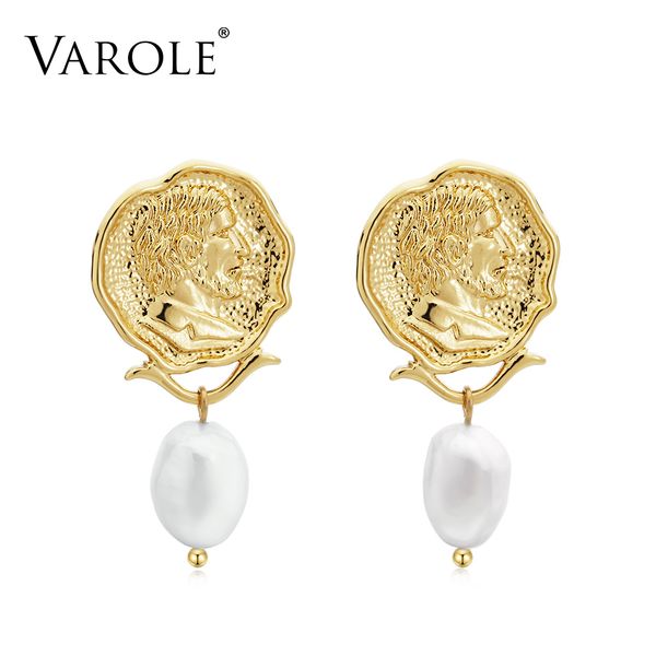 

varole vintage engraved coin drop dangle earrings for women figure face natural pearls pendant earring jewelry brinco