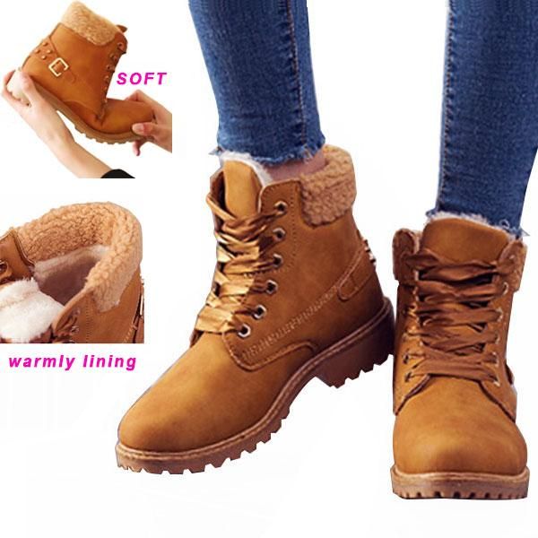 

boots lihuamao winter snow motorcycle women ankle lace up round toe square heel comfortable short fur lining warmly, Black