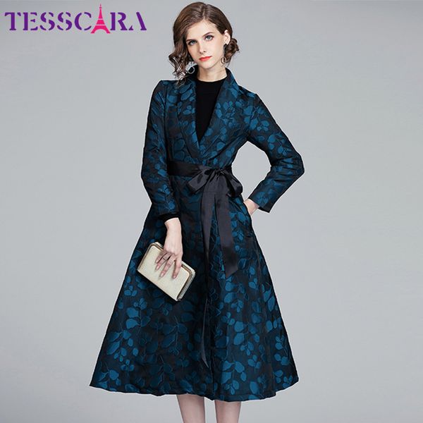 

tesscara women autumn spring luxury jacquard blazer trench coat female vintage designer elegant office ladies outerwear & coats 201030, Tan;black