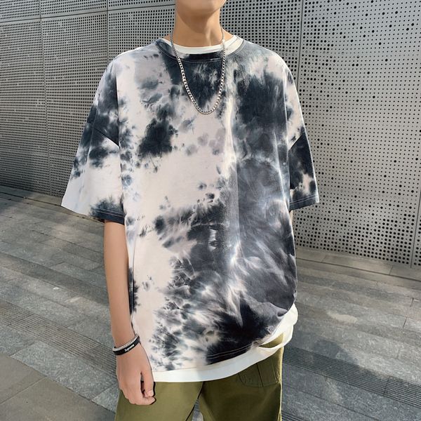 

2021 new short-sleeve male shirt streetwear tie dye neck hip tshirt 1wb0, White;black