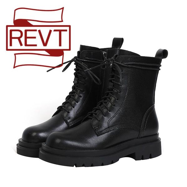 

revt women boots mid calf ladies shoes fashion pu leather autumn winter chunky zipper non slip motorcycle shoe plush warm woman, Black