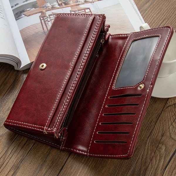

2020 women oil wax leather wallet female purses big capacity hasp retro purse ladies long wristlet clutch coin card holders, Red;black