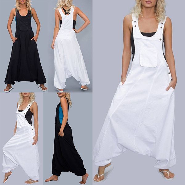 

women loose jumpsuit casual overalls drop crotch romper pockets sleeveless 2019 summer jumpsuits t200107, Black;white
