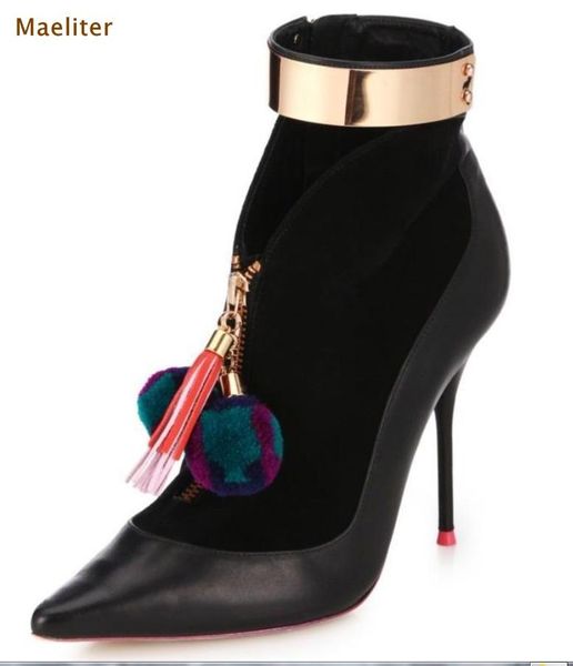 

молодые женские черные замшевые лоскутные заостренные носки ботинки лодыжки золотые металлические лодыжки ремень обувь многоцветный pom pom, Black