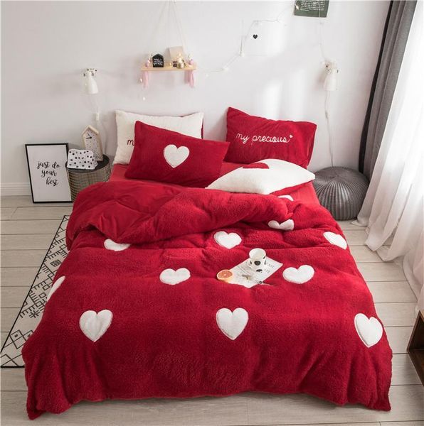 

heart pattern red white blue duvet cover set king  twin size plush heavyweigh warm winter bedding set comforter cover sheet