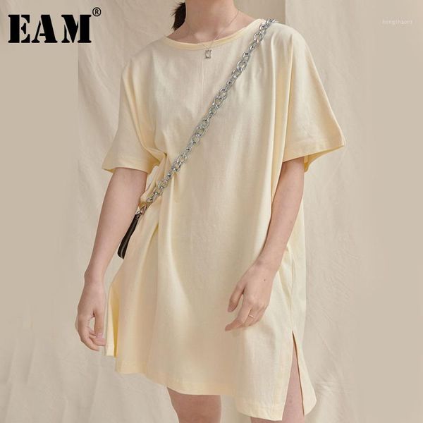 

eam] women back long irregular split big size dress new round neck short sleeve loose fit fashion tide spring summer 2020 1u7661, Black;gray