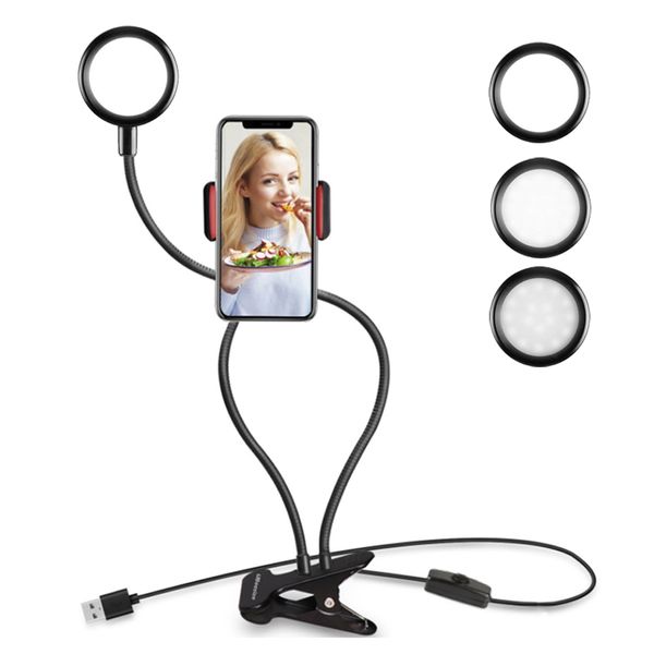 Anello luminoso a LED per selfie a 360 gradi con supporto per telefono pigro da scrivania a braccio lungo Studio fotografico Luce di riempimento per lampada video in streaming live