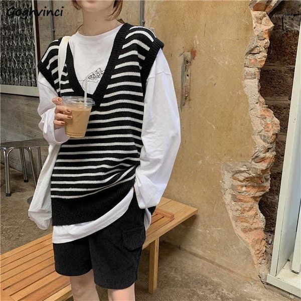 

sweater vests womens loose harajuku striped v-neck sleeveless ulzzang classic all-match female knitwear sweaters korean style1, Black;white