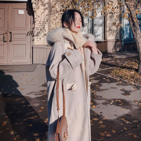 

korean version of loose ox horn button hooded large collar woolen coat for women's winter 2021 new retro woolen coat, Black