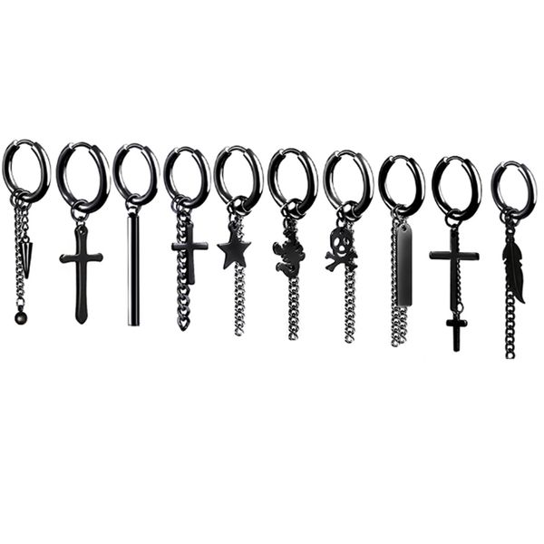 

men and women black cross chain feather stainless steel titanium steel earrings rock pop ear jewelry, Golden
