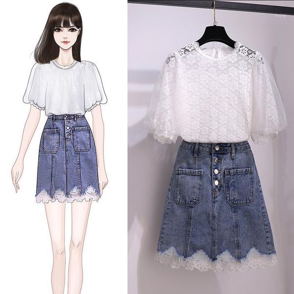 

two piece dress ichoix women 2 set summer outfits casual elegant lace and skirt korean style puff sleeve cute skirt1, White