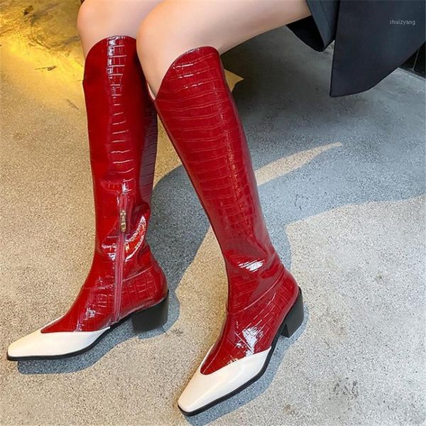 

pxelena 2021 spring autumn winter genuine leather western cowboy knee high boots contrast color block heels riding knight shoes1, Black