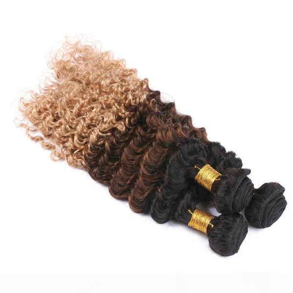 

black brown and honey blonde 3tone ombre malaysian virgin human hair weaving deep wave wavy #1b 4 27 ombre human hair bundles 3pcs