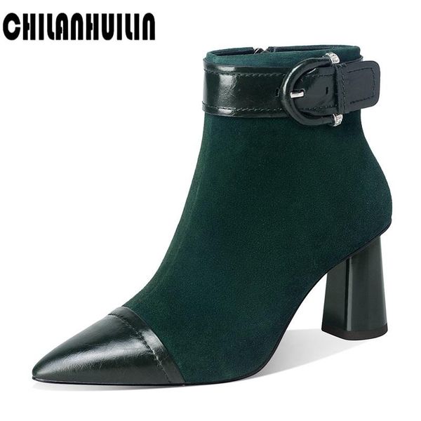 

sheepskin leather booties fashion buckle party shoes pointed toe ankle boots woman black green decoration winter high heels
