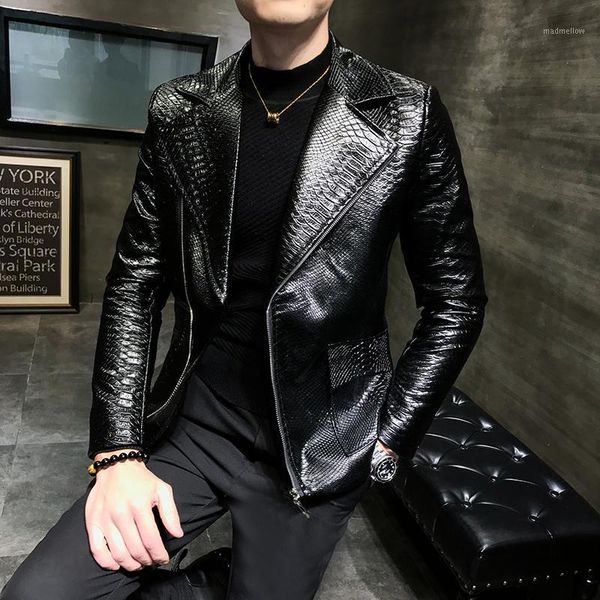 

men's fur & faux 2021 handsome suit collarleisure zipper leather jackets men clothing turn down collar imitation alligator loose male c, Black