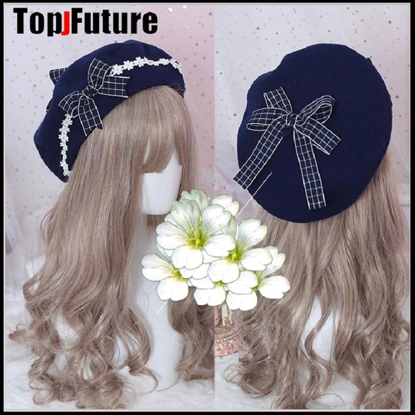 

berets japanese kawaii beret hat lolita teenage heart sweet woolen handmade cute lace bowknot warm autumn winter painter headdress, Blue;gray
