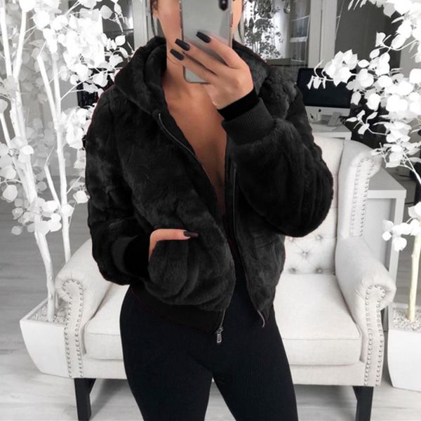 

2020 faux fur coat women with hood new oversize coats high waist female slim fit overcoat winter warm plush jackets outwear, Black