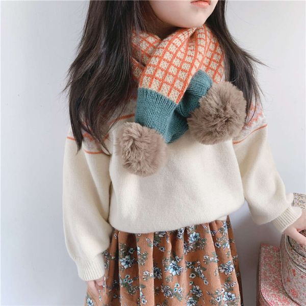 

knitting korean children's girls scarf winter boys and wool plaid color matching warm cross neck, Red;brown