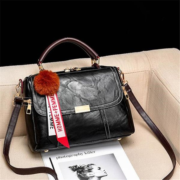 

hh new women messenger bag quality pu leather crossbody bag with hairball decoration female shoulder bag girls handbag purses 36520