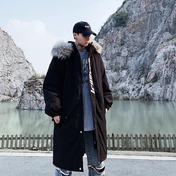 

black long parka mens hooded winter jackets warm korean thicken fashion jacket men streetwear cotton-padded clothes mens 50mf41