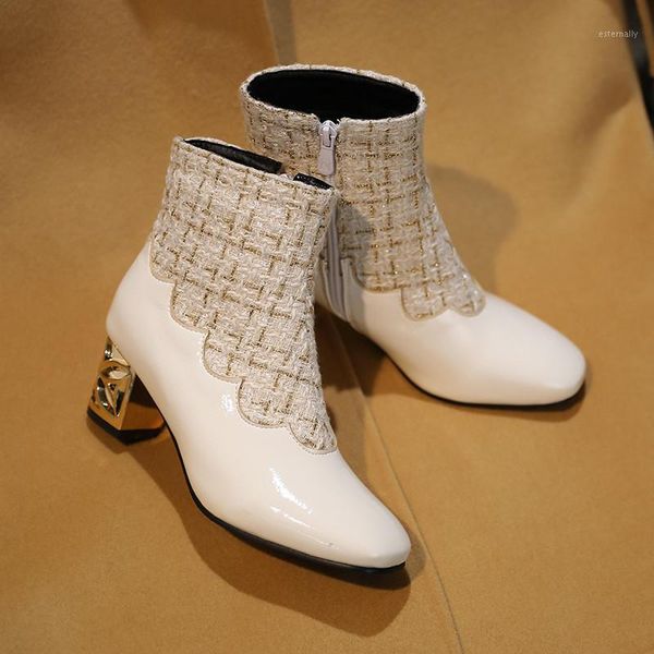 

boots ymechic fashion flower heels winter party woman shoes white black ruffles patchwork block high heel womens ankle booties1