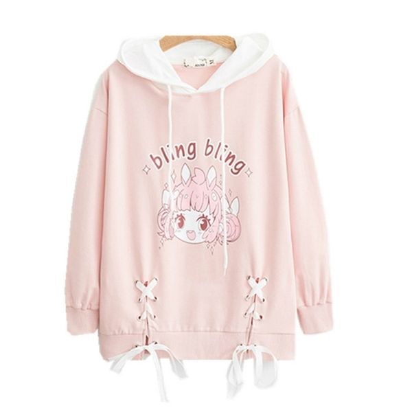 Merry Pretty Women Felpe con cappuccio Cartoon Print Lace Up Felpe con cappuccio rosa Sweet Style Girl Manica lunga con coulisse Pullover carini 201217