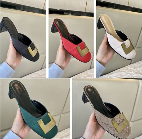 

summer women heel slipper double g real silk cloth slippers sandal brand designer classic fashion luxury metal belt buckle thick heel 5cm se, Black
