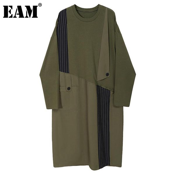 

eam] женщины зеленые сплит соединение большое размер платье новый круглая шея с длинным рукавом свободные fous fash tide весна осень 2021 1, Black;gray