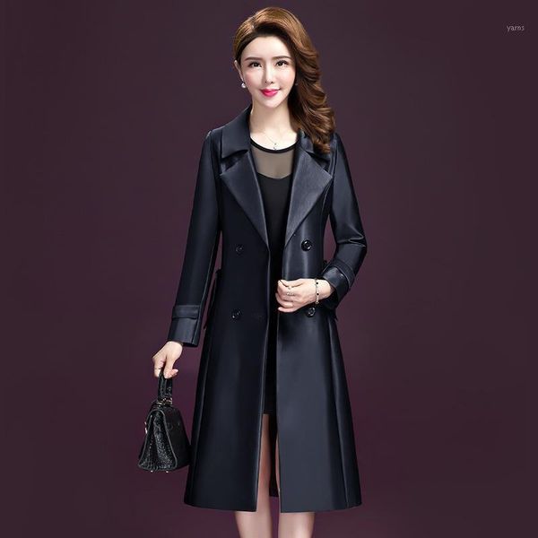 

2020 autumn and winter new women's korean fashion leather jacket mid-length temperament slim slimming over the knee coat1, Black