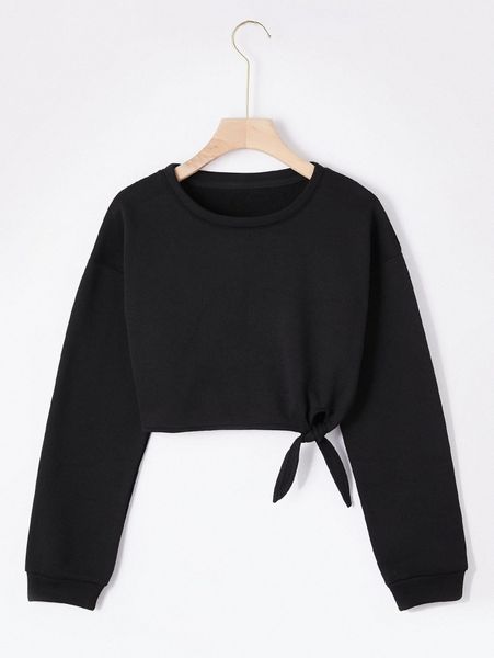 

tie hem drop shoulder thermal pullover f5qh#, White;black