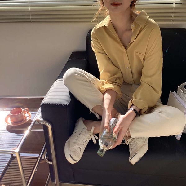 

huang zheng] fake pocket solid color long sleeve women's 2021 spring korean loose lazy style casual simple shirt, White