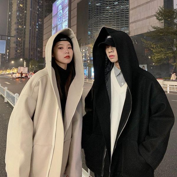 

men's wool & blends winter hooded woolen coat warm and fashion casual long men korean couple oversize mens overcoat, Black