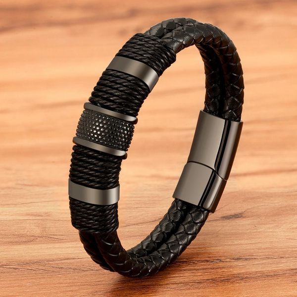 

woven leather rope wrapping special style classic stainless steel men's leather bracelet double layer design diy customization h bbykme, Golden;silver