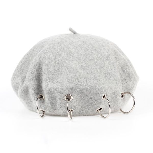 

2020 shade winter hats new harajuku berets darkness gilr punk rock style iron rings beret cap 17th-century black woolen painter cap, Black;white